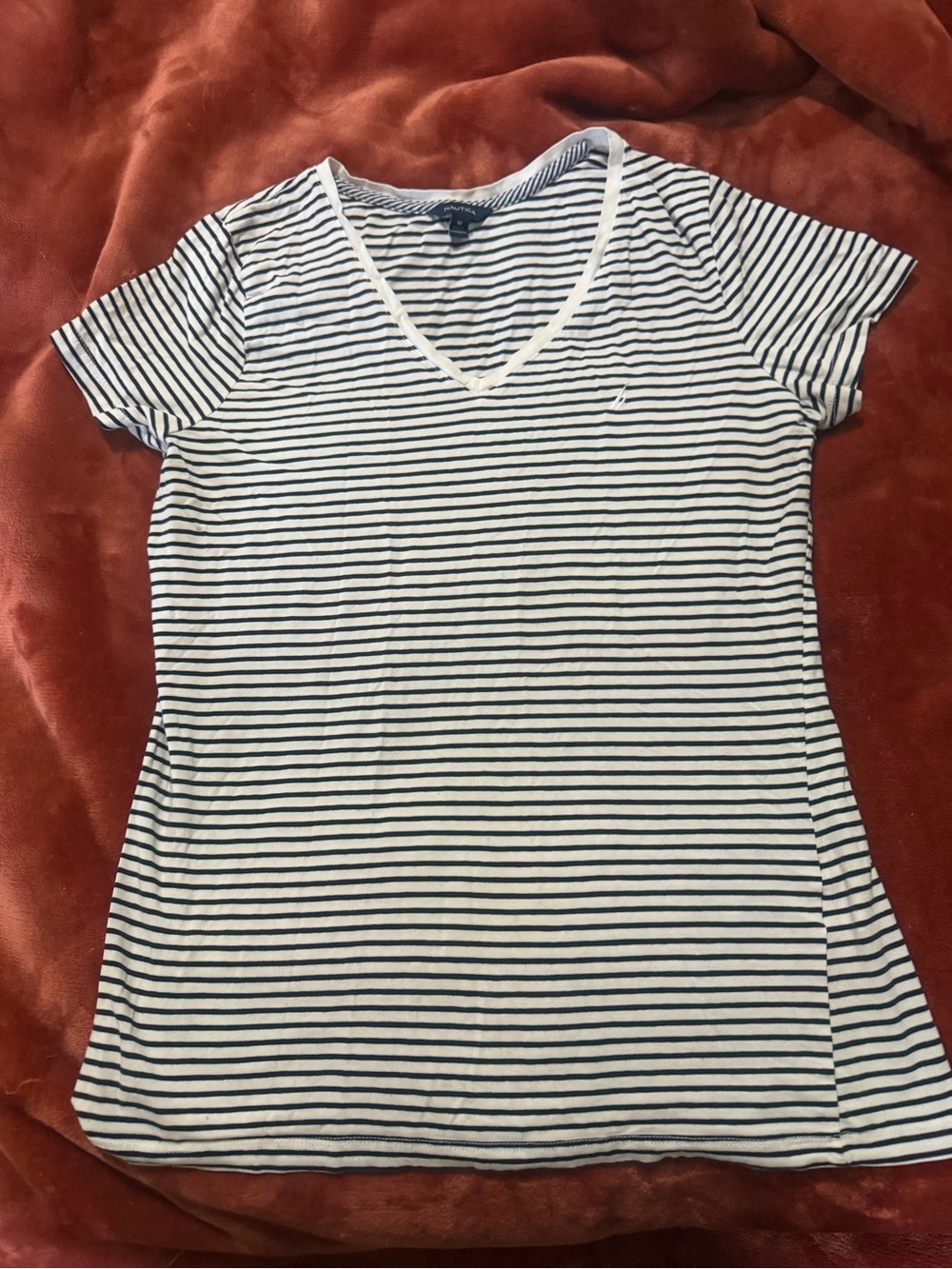 Nautica Women’s White and Navy Striped V‑Neck Tee